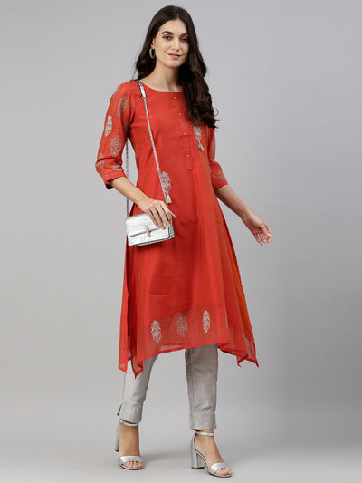 Neerus Women Orange  Silver-Toned Ethnic Motifs Thread Work Kurta