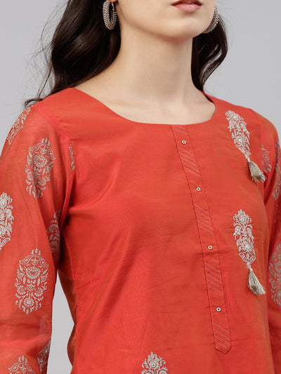 Neerus Women Orange  Silver-Toned Ethnic Motifs Thread Work Kurta