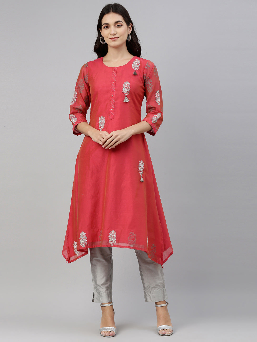 Neerus Pink cotton thread embroidered kurti - front view