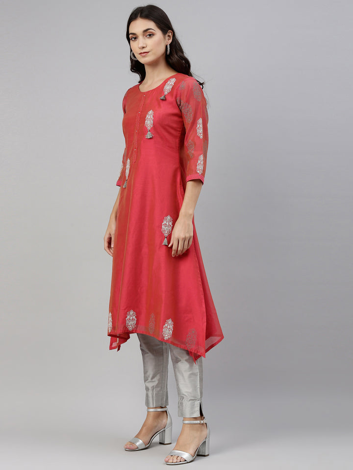 Neerus Pink cotton thread embroidered kurti - detail view 2