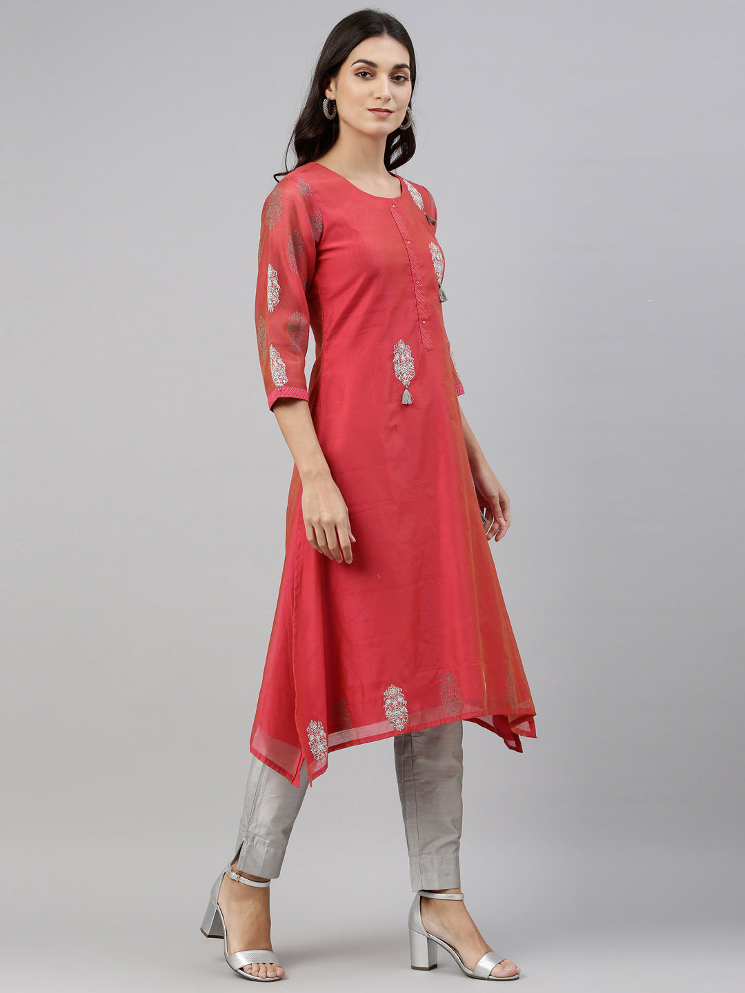 Neerus Pink cotton thread embroidered kurti - back view