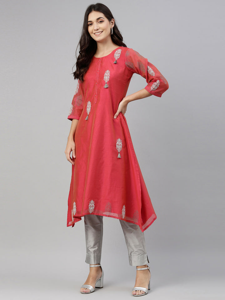 Neerus Pink cotton thread embroidered kurti - side view