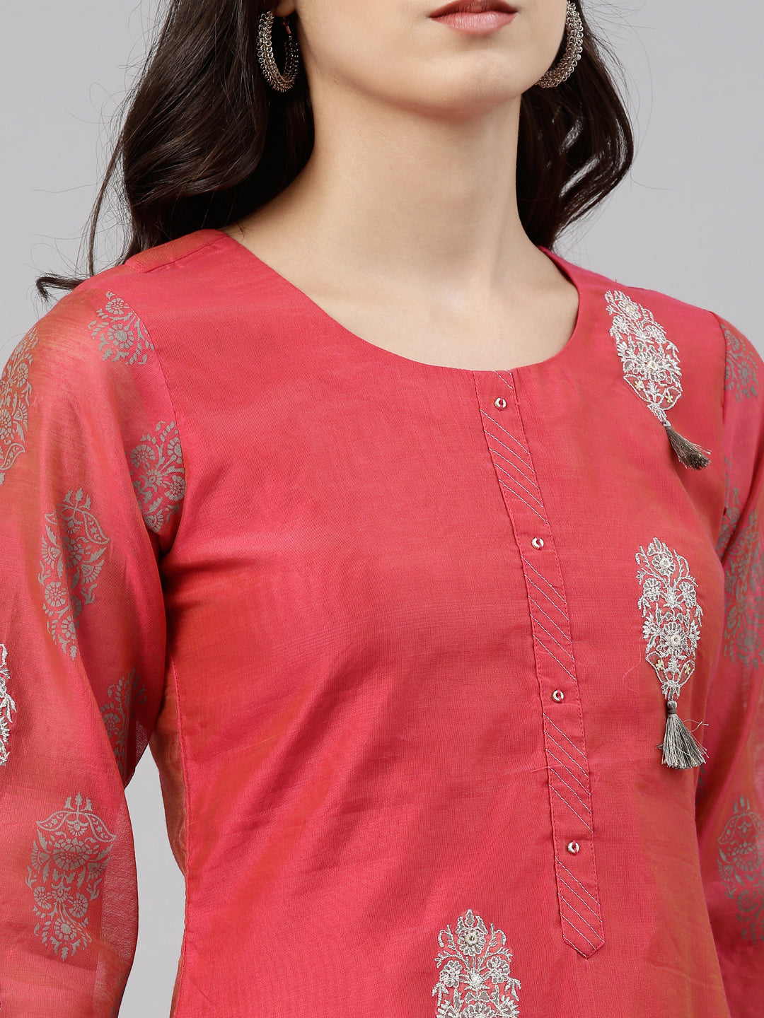 Neerus Pink cotton thread embroidered kurti - detail view 1