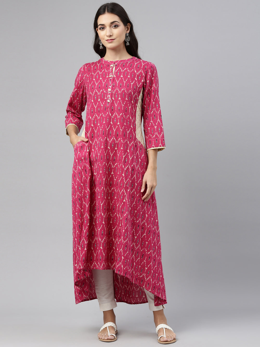 Neerus Pink cotton printed kurti - front view