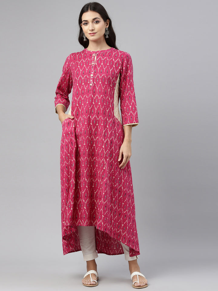 Neerus Pink cotton printed kurti - front view