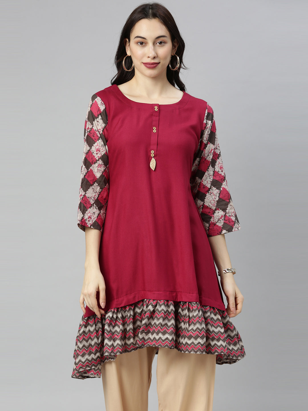 Neerus Maroon flared kurti - front view