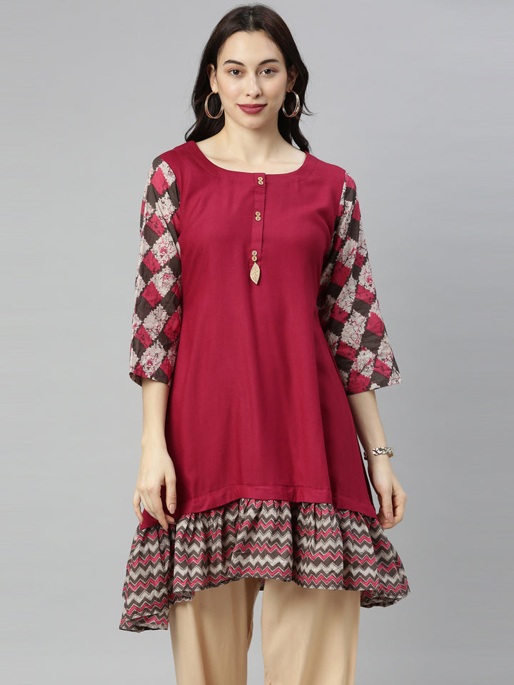 Neerus Maroon flared kurti - front view