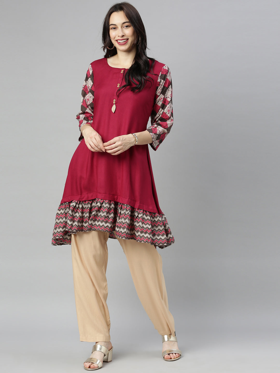 Neerus Maroon flared kurti - detail view 4