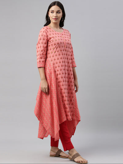 Neerus Women Coral Floral Printed Floral Kurta