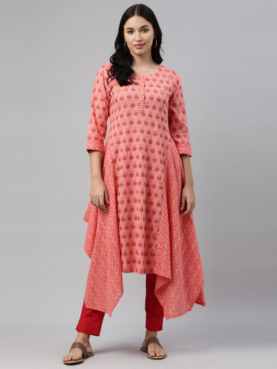 Neerus Women Coral Floral Printed Floral Kurta