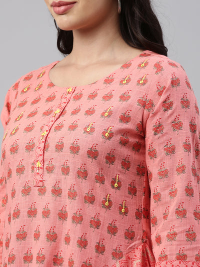 Neerus Women Coral Floral Printed Floral Kurta