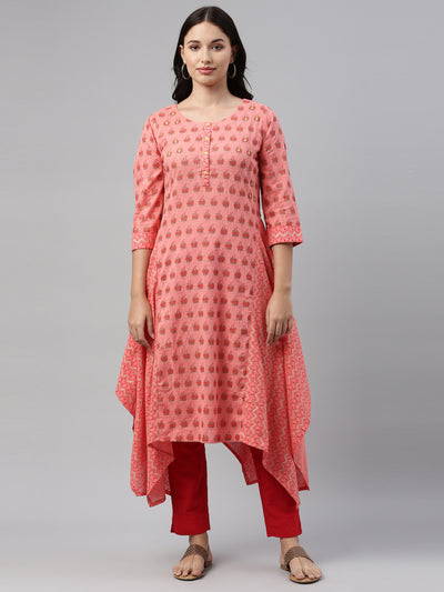 Neerus Women Coral Floral Printed Floral Kurta