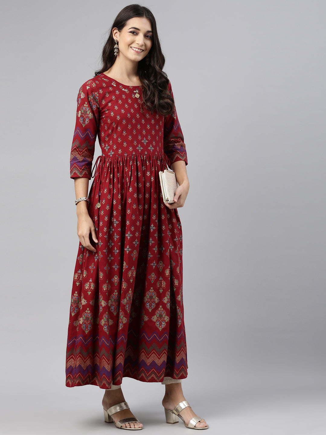 Neerus Maroon printed Anarkali kurta ethnic motifs - front view