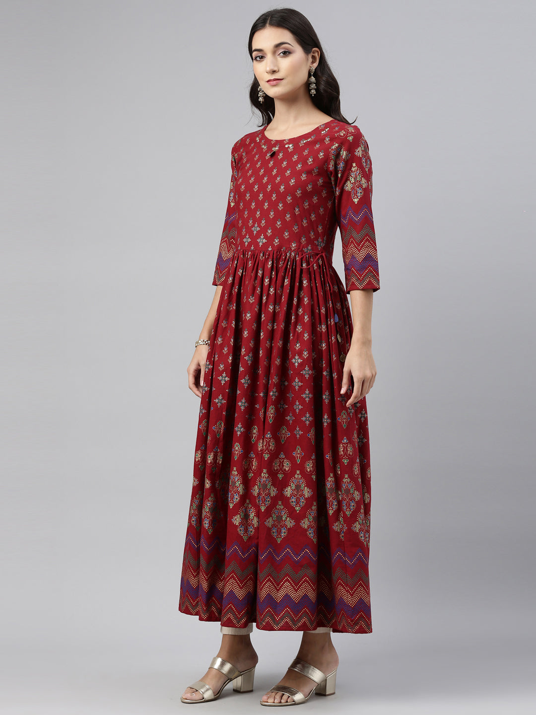 Neerus Maroon printed Anarkali kurta ethnic motifs - detail view 2