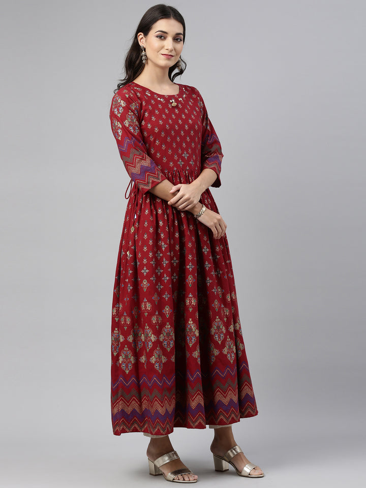 Neerus Maroon printed Anarkali kurta ethnic motifs - back view