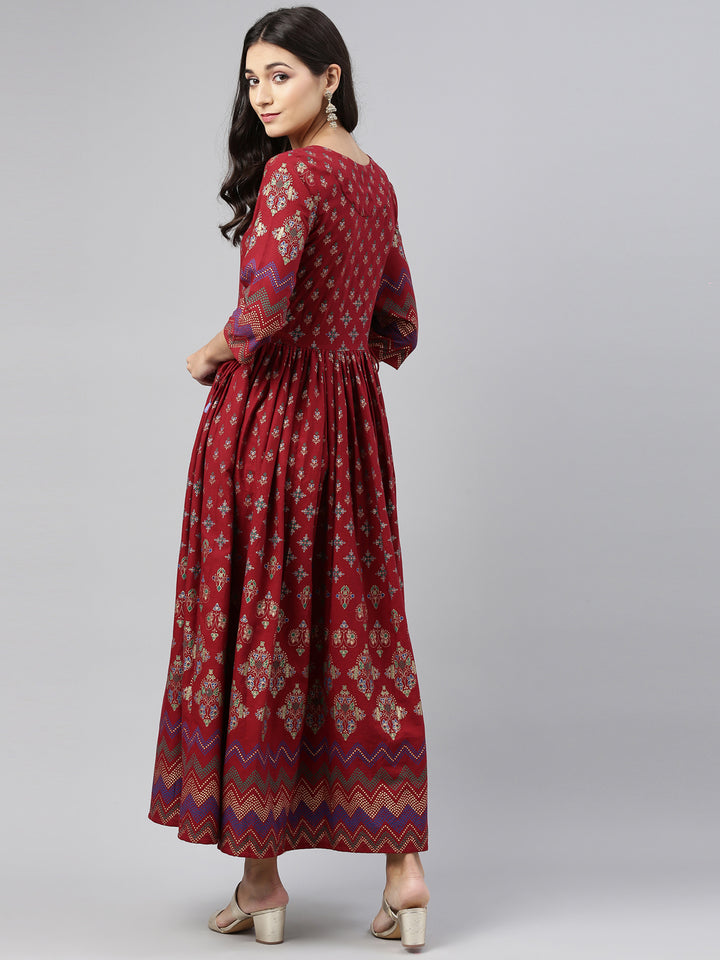 Neerus Maroon printed Anarkali kurta ethnic motifs - side view