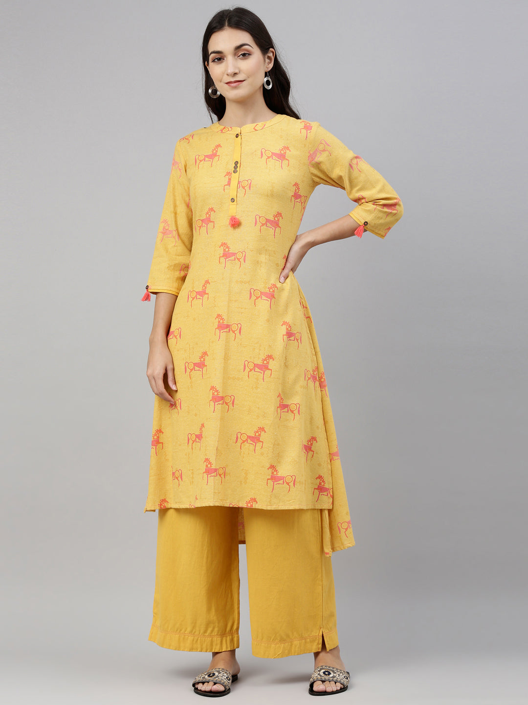 Neerus Yellow cotton printed kurta set with palazzo - front view