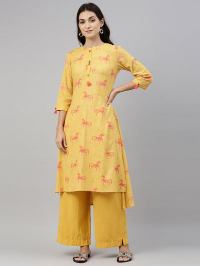 Neerus Women Mustard Yellow Ethnic Motifs Printed Pure Cotton Kurta with Palazzos