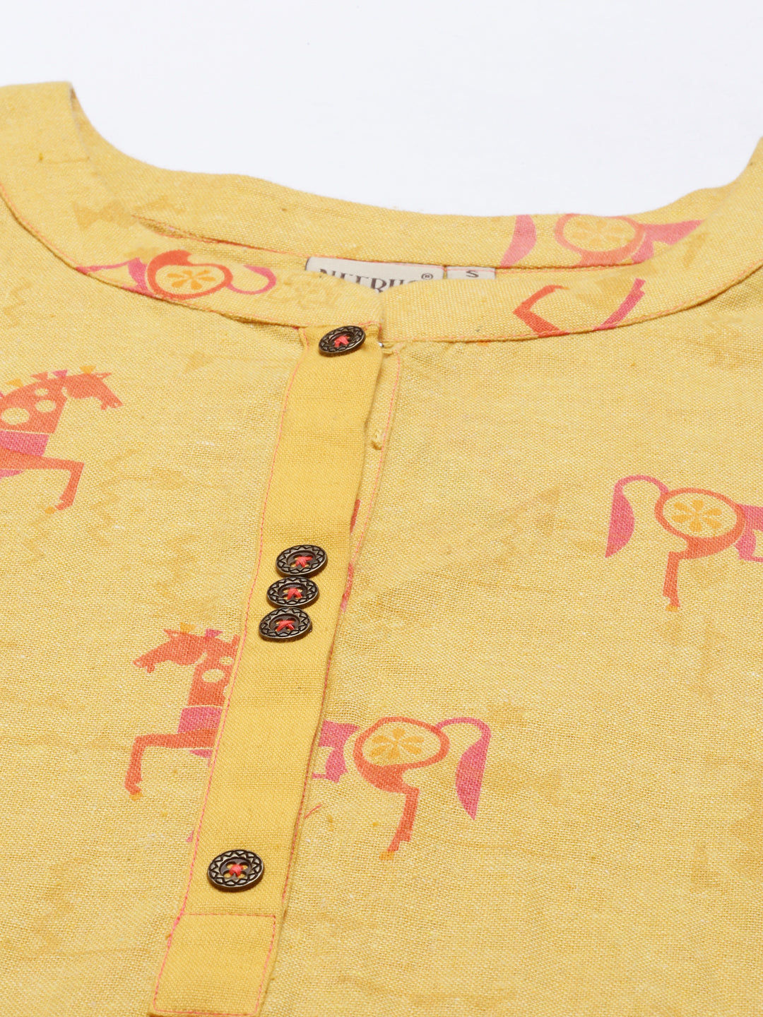 Neerus Yellow cotton printed kurta set with palazzo - detail view 1