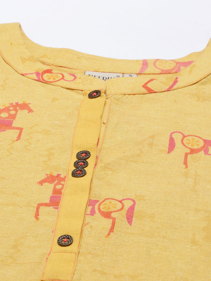 Neerus Yellow cotton printed kurta set with palazzo - detail view 1