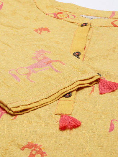 Neerus Women Mustard Yellow Ethnic Motifs Printed Pure Cotton Kurta with Palazzos