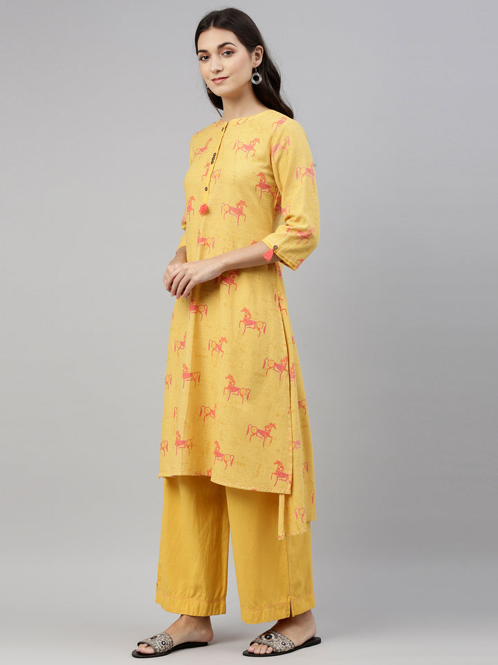 Neerus Yellow cotton printed kurta set with palazzo - back view