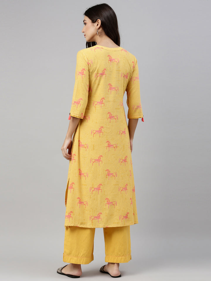Neerus Yellow cotton printed kurta set with palazzo - side view