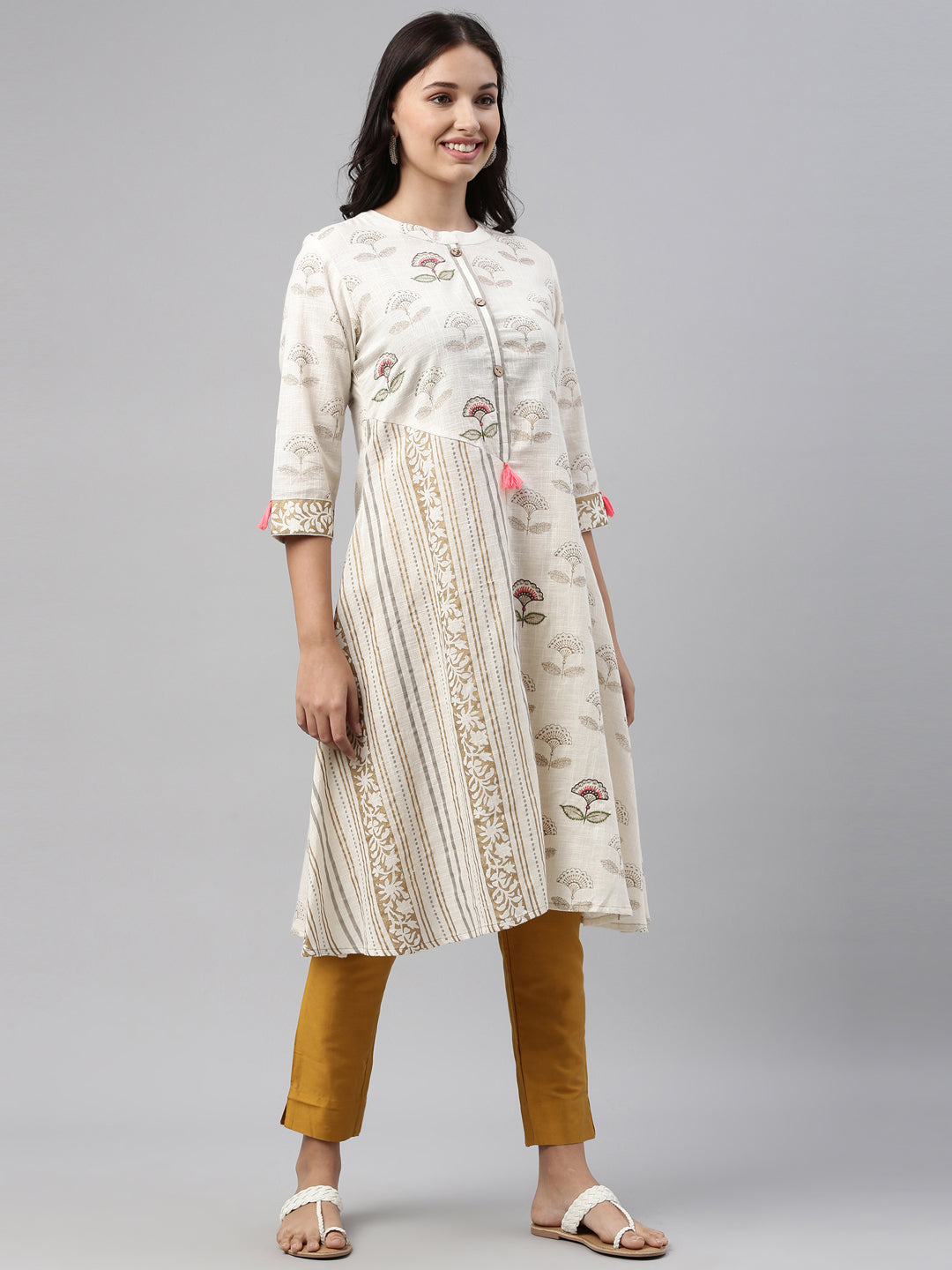 Neerus Beige cotton printed kurti - back view