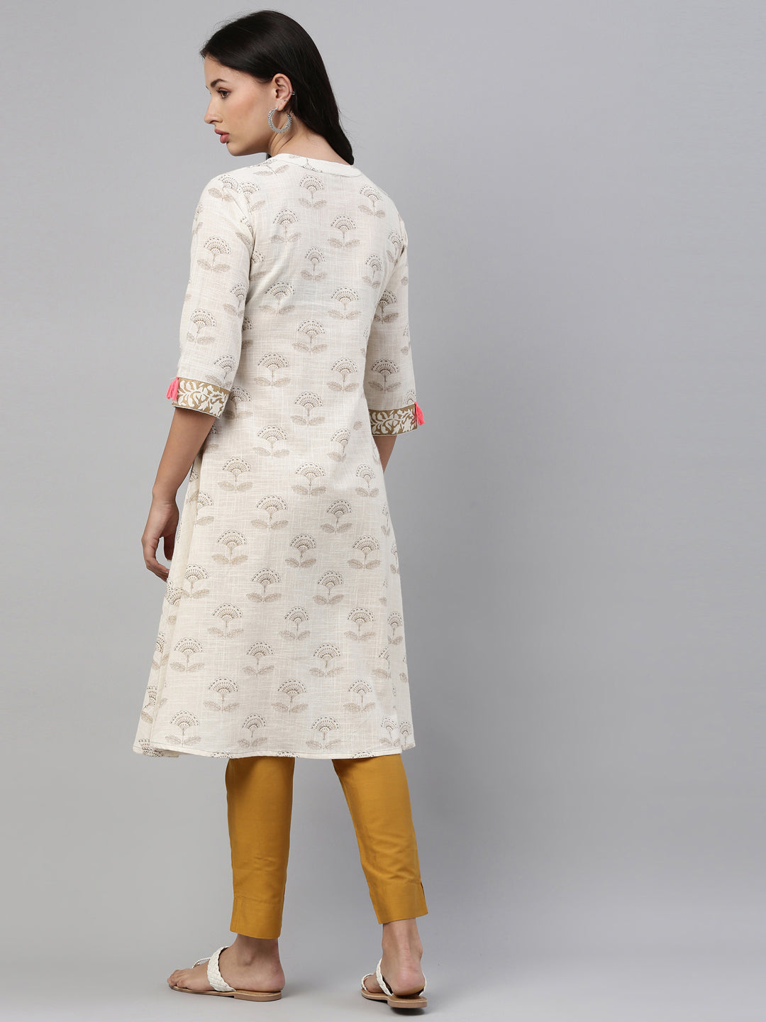 Neerus Beige cotton printed kurti - side view