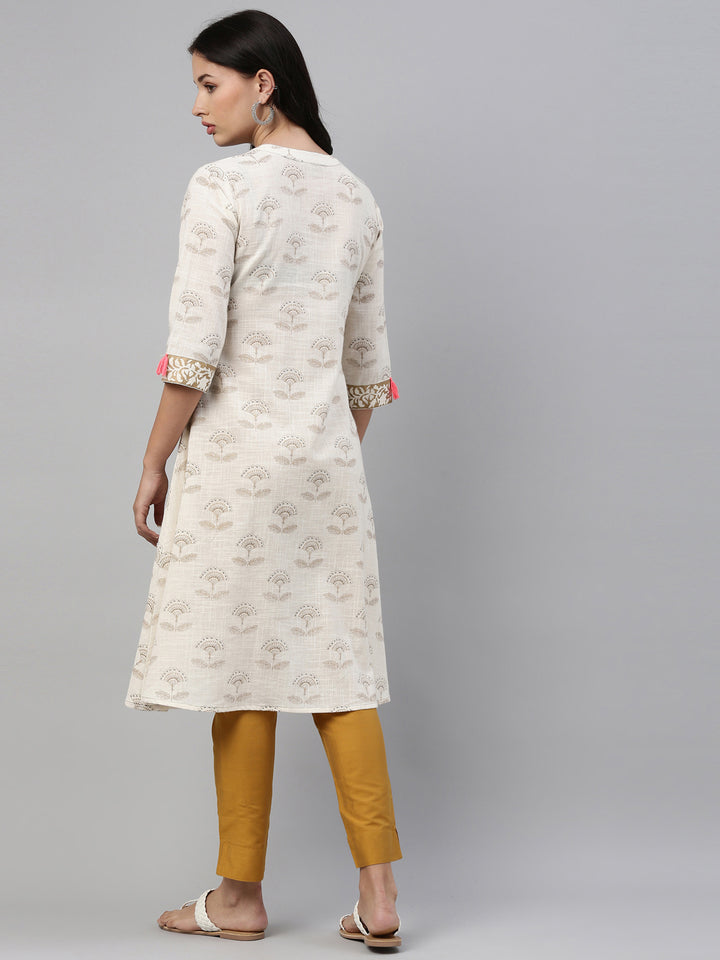 Neerus Beige cotton printed kurti - side view