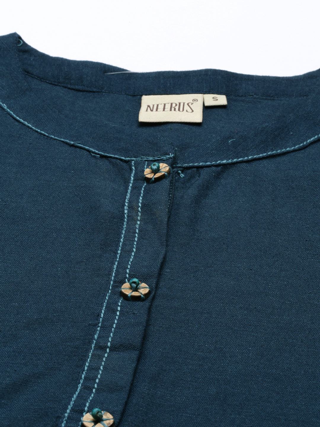 Neerus Blue cotton printed A-Line kurti - detail view 1