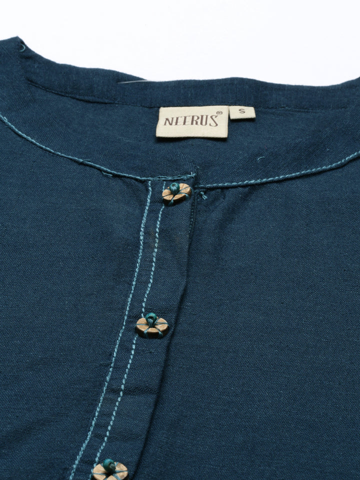 Neerus Blue cotton printed A-Line kurti - detail view 1