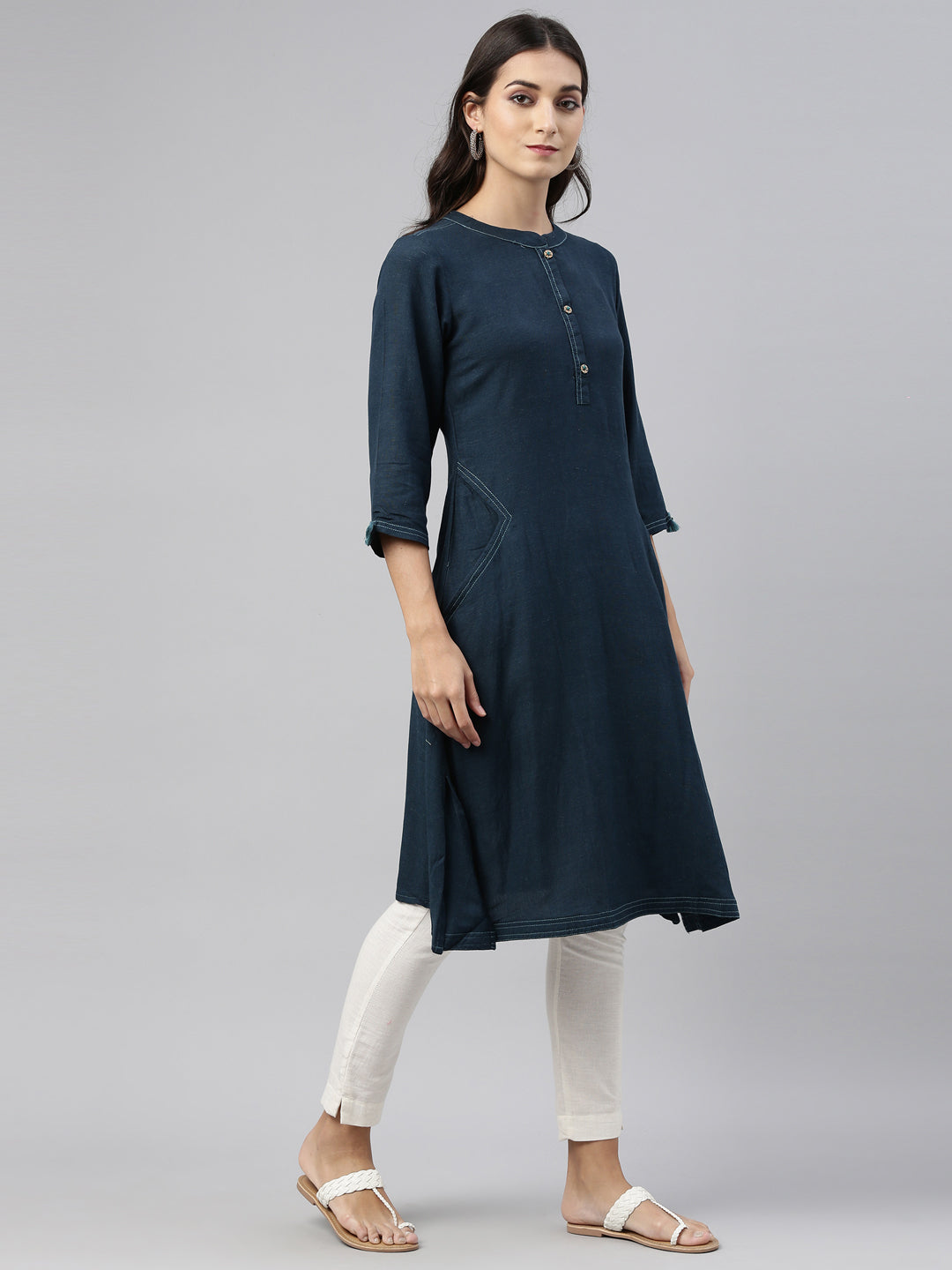 Neerus Blue cotton printed A-Line kurti - back view
