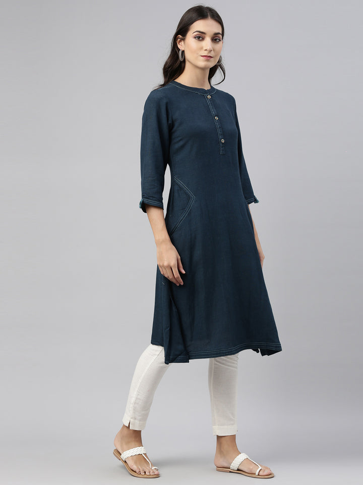Neerus Blue cotton printed A-Line kurti - back view