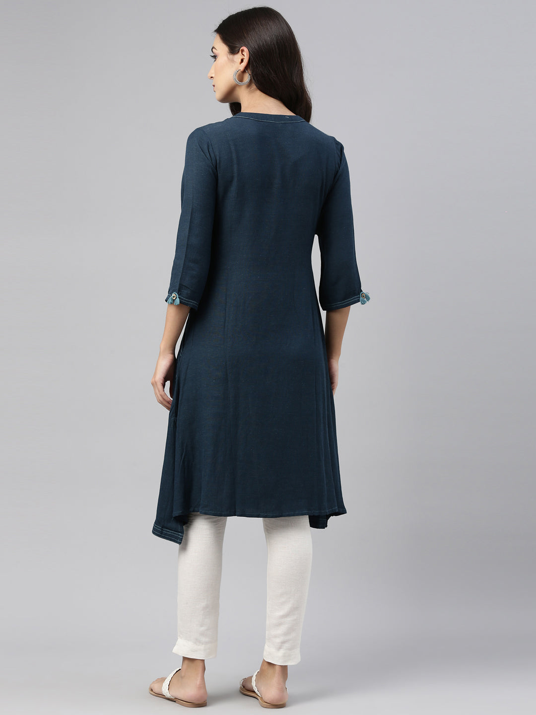 Neerus Blue cotton printed A-Line kurti - side view