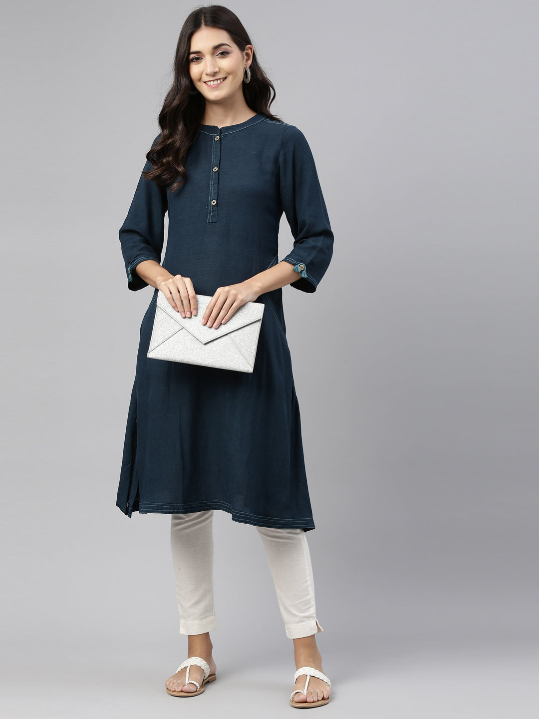 Neerus Blue cotton printed A-Line kurti - detail view 2
