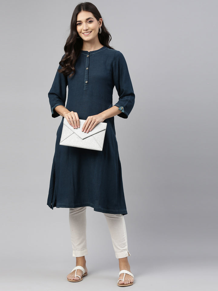 Neerus Blue cotton printed A-Line kurti - detail view 2