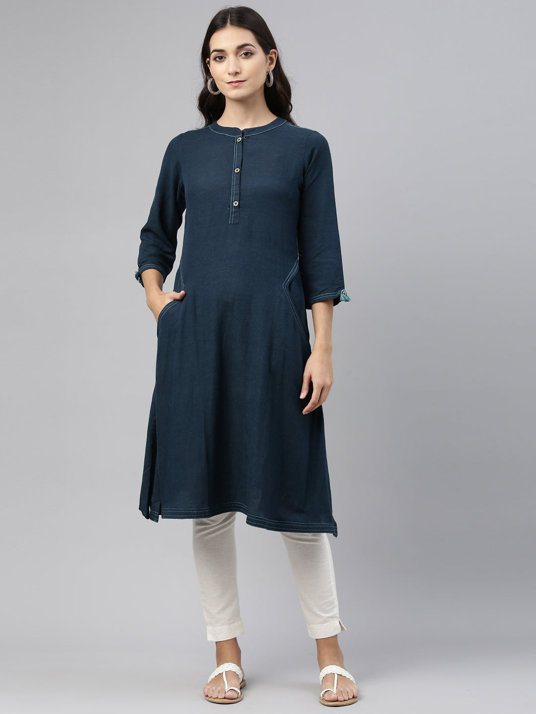 Neerus Blue cotton printed A-Line kurti - front view