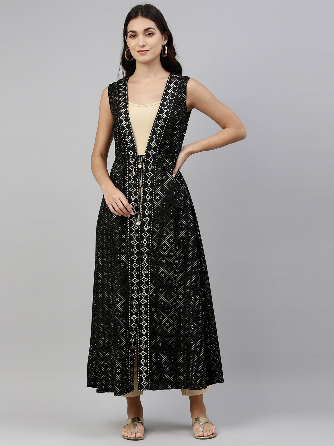 Neerus Women Black With Gold Toned Foil Printed Longline Ethnic Jacket