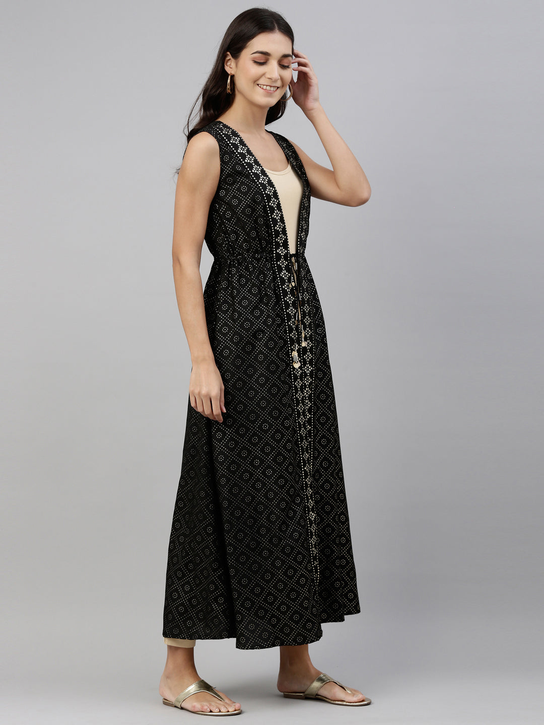 Neerus Women Black With Gold Toned Foil Printed Longline Ethnic Jacket