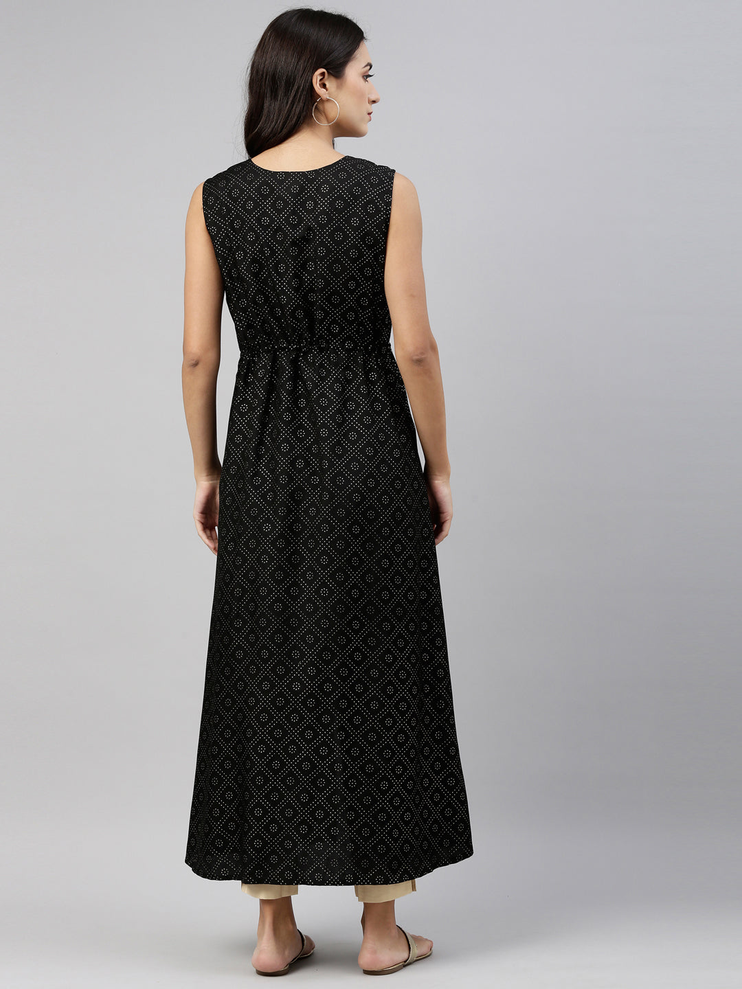 Neerus Women Black With Gold Toned Foil Printed Longline Ethnic Jacket