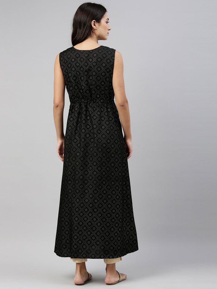 Neerus Women Black With Gold Toned Foil Printed Longline Ethnic Jacket