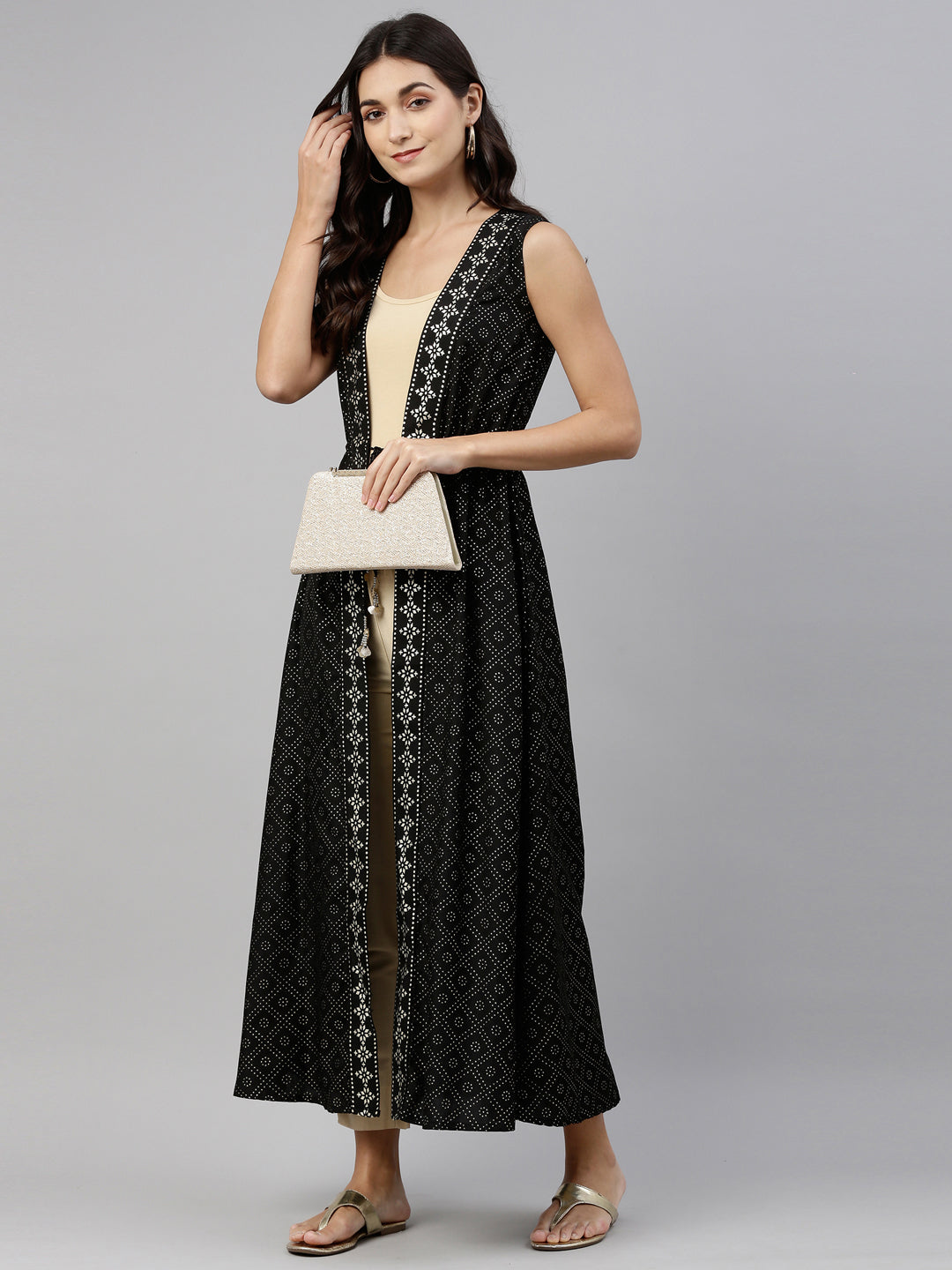 Neerus Women Black With Gold Toned Foil Printed Longline Ethnic Jacket