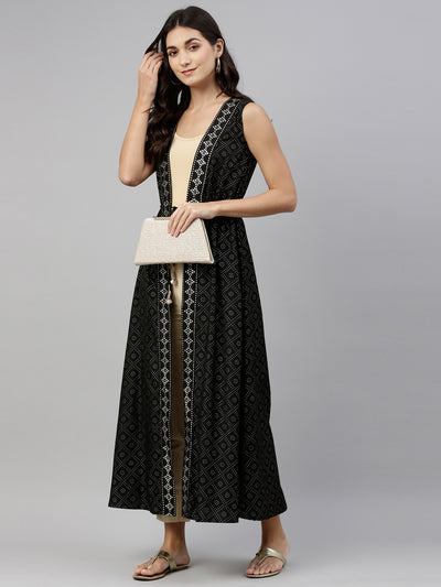 Neerus Women Black With Gold Toned Foil Printed Longline Ethnic Jacket