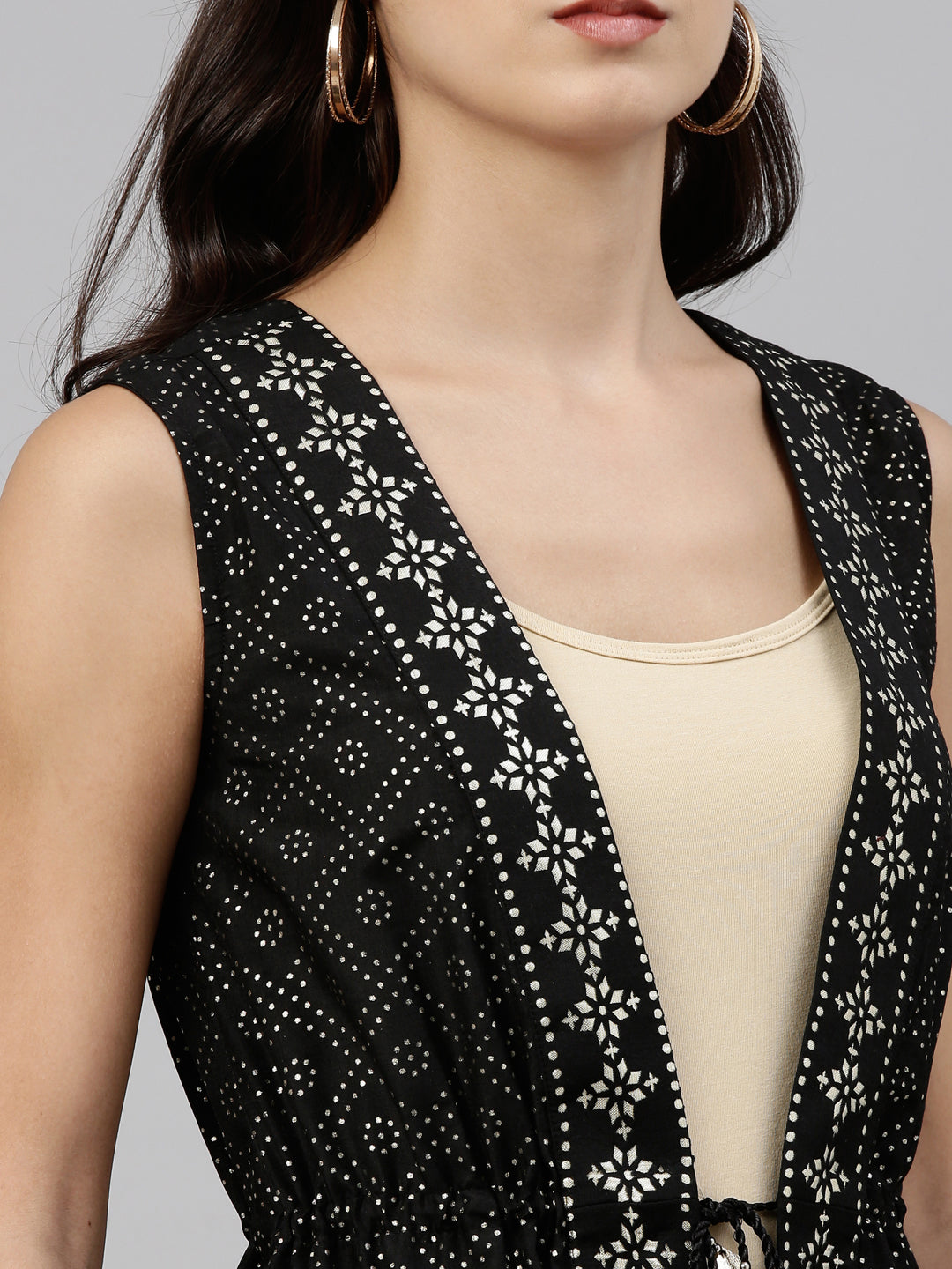 Neerus Women Black With Gold Toned Foil Printed Longline Ethnic Jacket