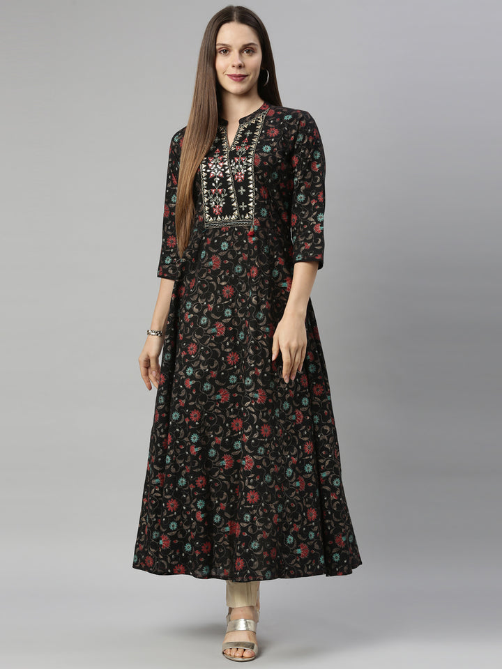 Neerus Brown Chanderi block printed kurta tie-up neck - front view
