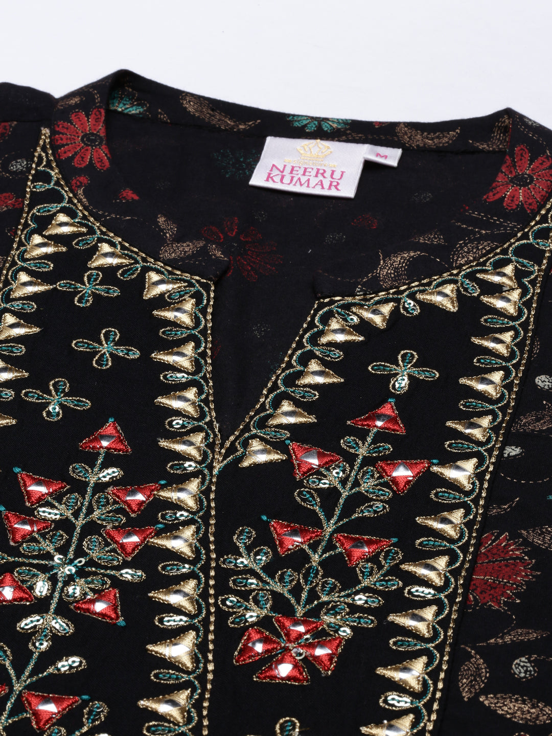 Neerus Brown Chanderi block printed kurta tie-up neck - detail view 1