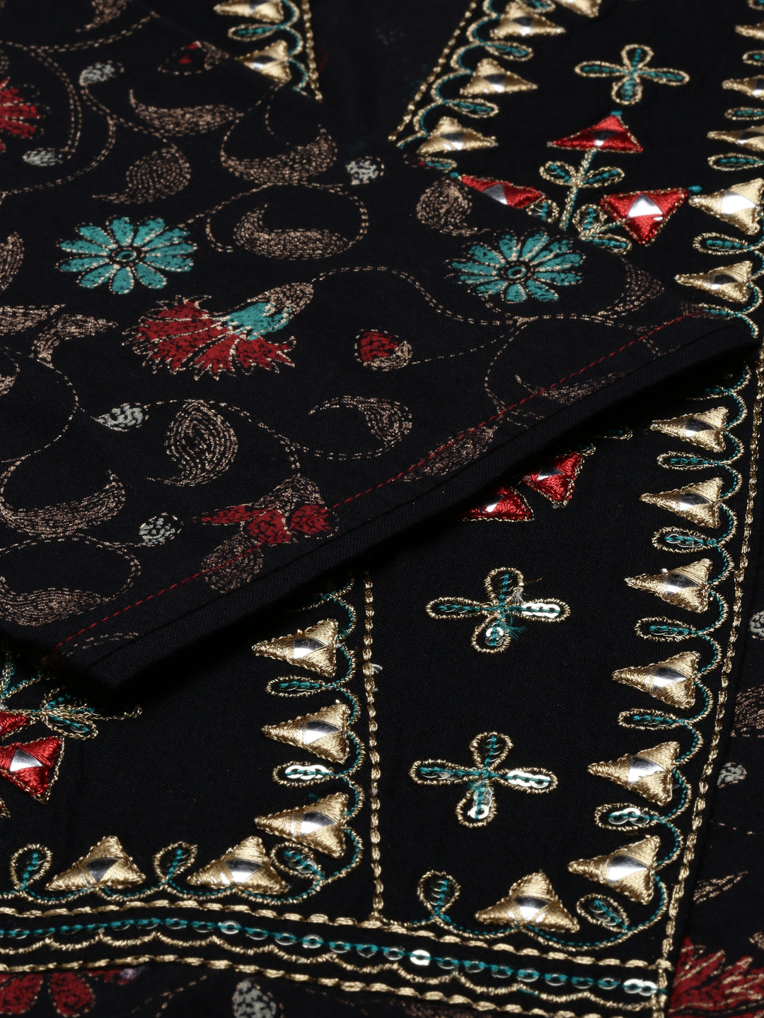Neerus Brown Chanderi block printed kurta tie-up neck - detail view 2