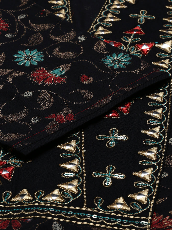 Neerus Brown Chanderi block printed kurta tie-up neck - detail view 2