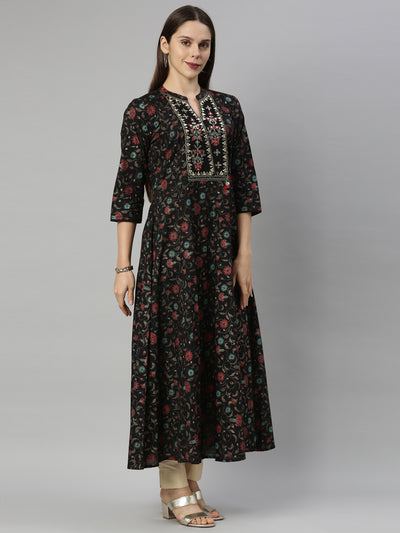 Neerus Women Coffee Brown Block Print Tie-up Neck Chanderi Silk Kurta